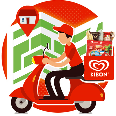 Imagem que apresenta um motoboy montado em uma moto vermelha, vestido de vermelho com uma caixa nas costas com a logo da kibon e sortes dentro. Ao fundo há um mapa com um apontador de casa